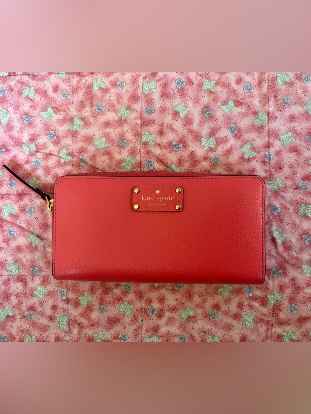 kate spade Red Zip Around Leather Wallet with Gold Hardware